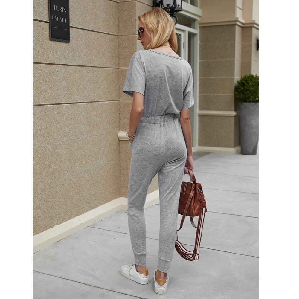 Surplice Top Drawstring Waist Grey Jumpsuit - Picture 3 of 12